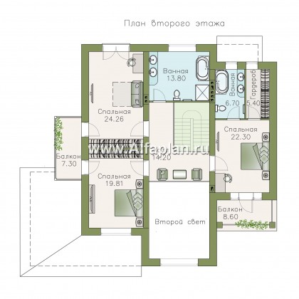«Голицын» — проект двухэтажного дома из газобетона, с двусветной гостиной, с сауной и с террасой - превью план дома