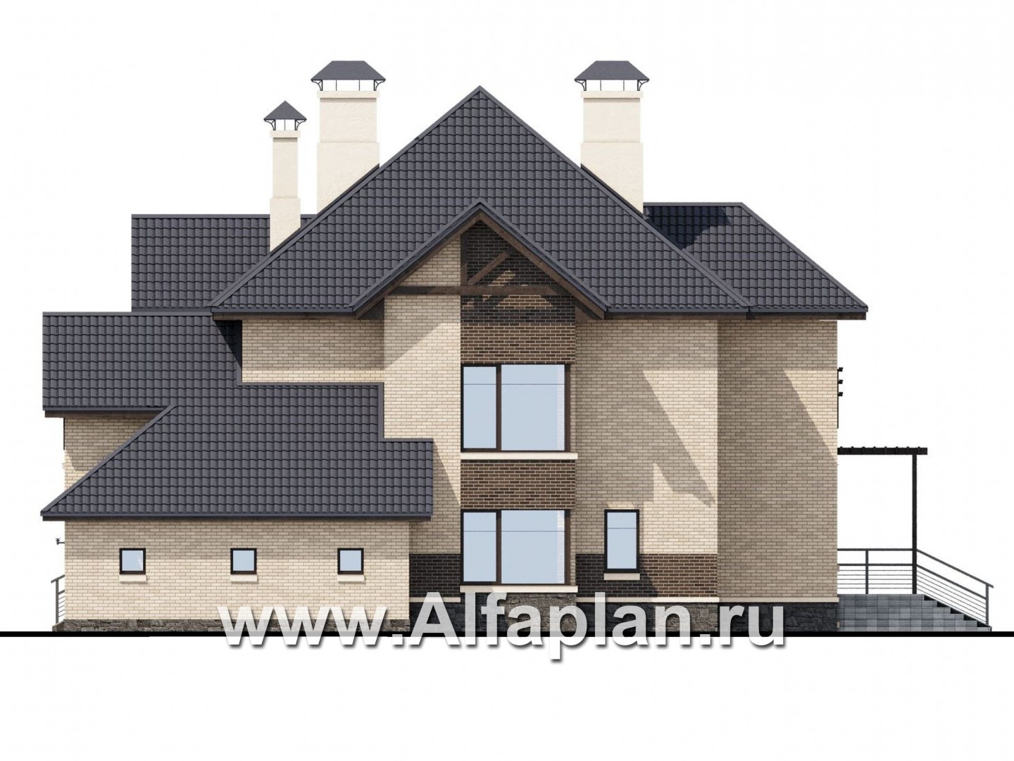 Проекты домов Альфаплан - «Современник» - проект двухэтажного дома, с гаражом, с сауной, вторым светом гостиной, с цокольным этажом - изображение фасада №2