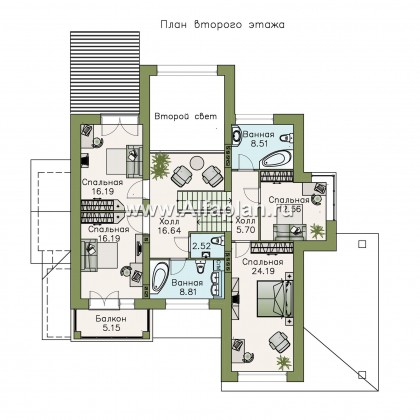 Проекты домов Альфаплан - «Современник» - проект двухэтажного дома, с гаражом, с сауной, вторым светом гостиной, с цокольным этажом - превью плана проекта №3