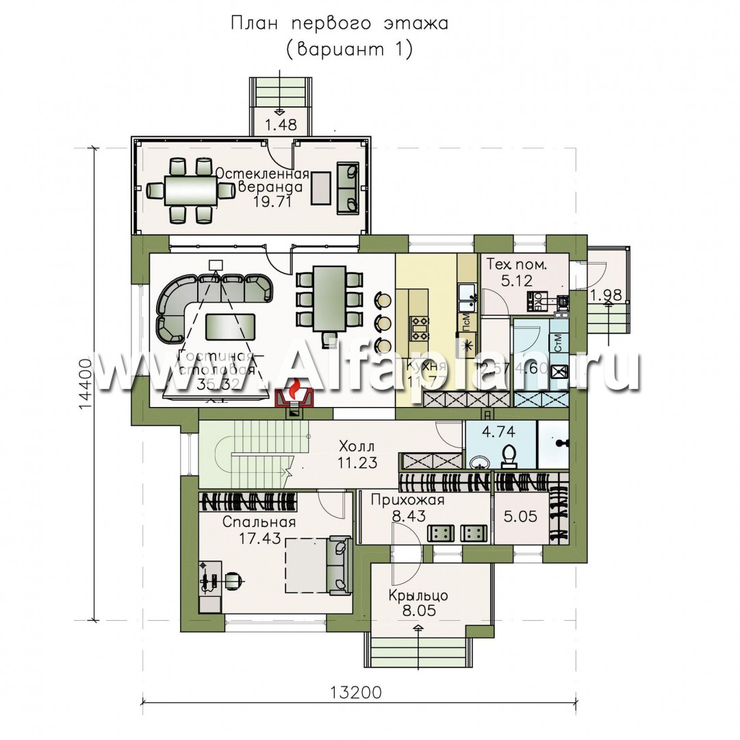 Проекты домов Альфаплан - «Мотив» - стильный двухэтажный коттедж с верандой - план проекта №1