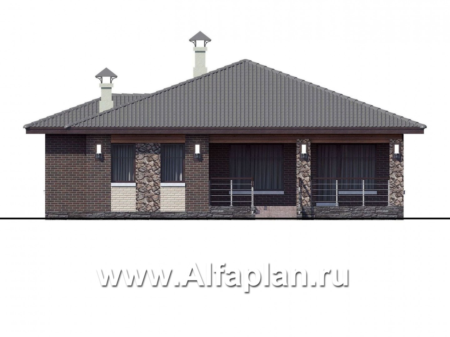 Проекты домов Альфаплан - «Волхов» - уютный одноэтажный коттедж с тремя спальнями - изображение фасада №4