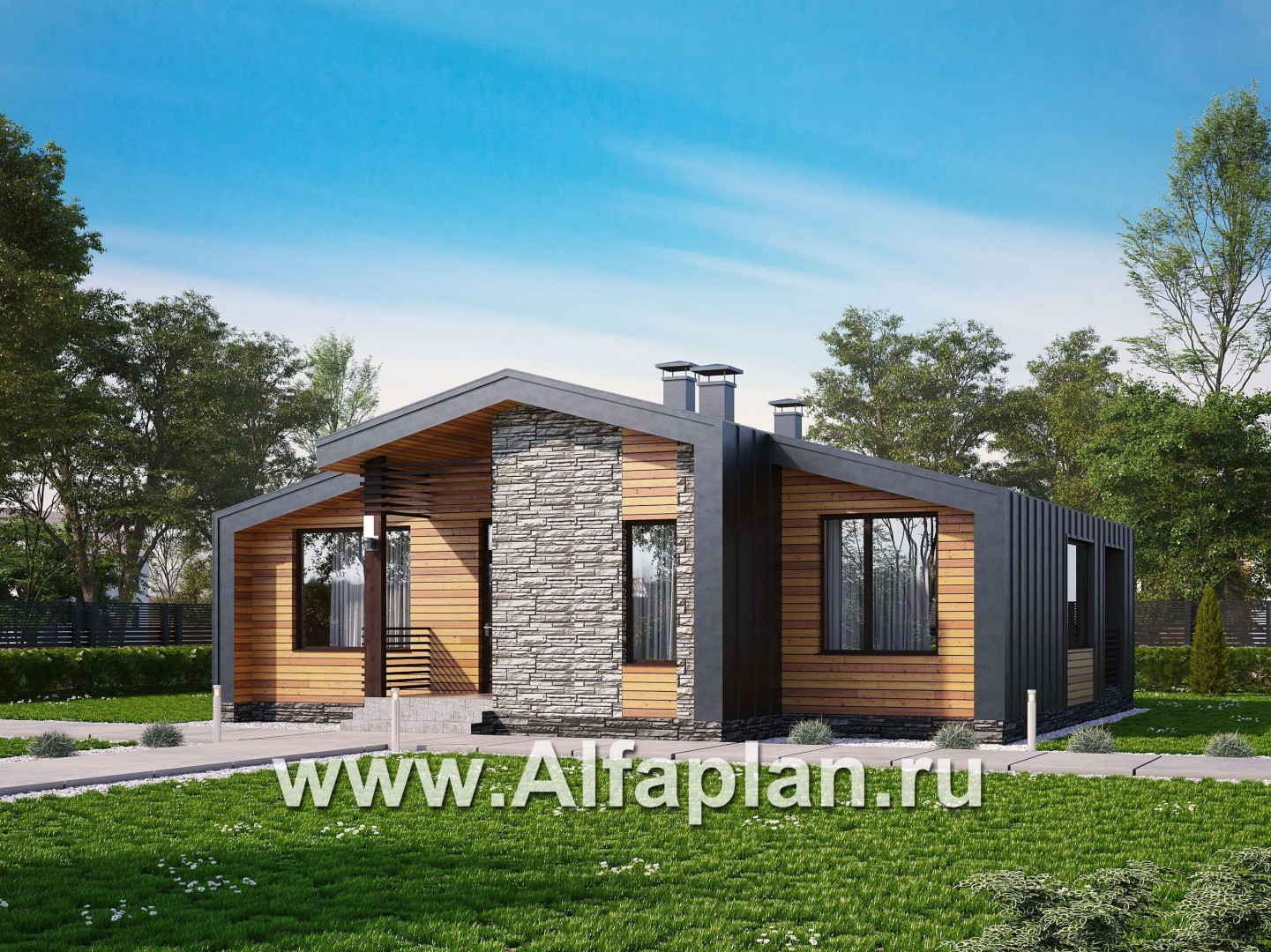 Проекты домов Альфаплан - «Альфа» - каркасный коттедж с фальцевыми фасадами - основное изображение