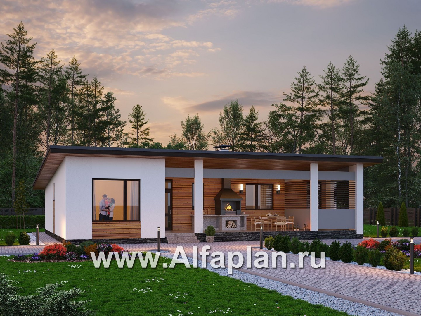 Проекты домов Альфаплан - «Эпсилон» - одноэтажный дом с сауной и джакузи на террасе - основное изображение