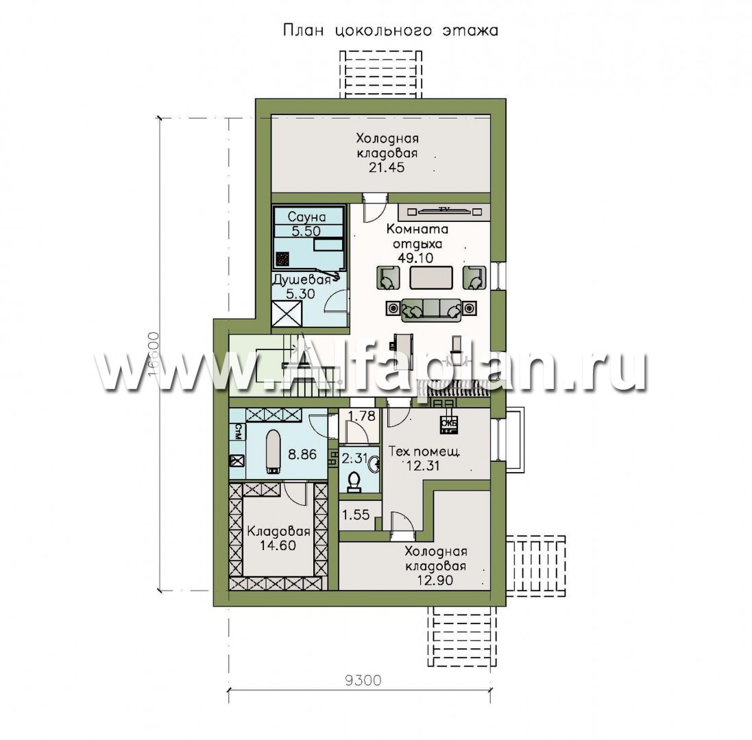 Проекты домов Альфаплан - «Белая ночь»- дом с цокольным этажом для большой семьи - изображение плана проекта №1