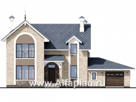 «Огни залива» - проект двухэтажного дома, планировка с террасой и мастер спальня, гараж на 1 авто - превью фасада дома