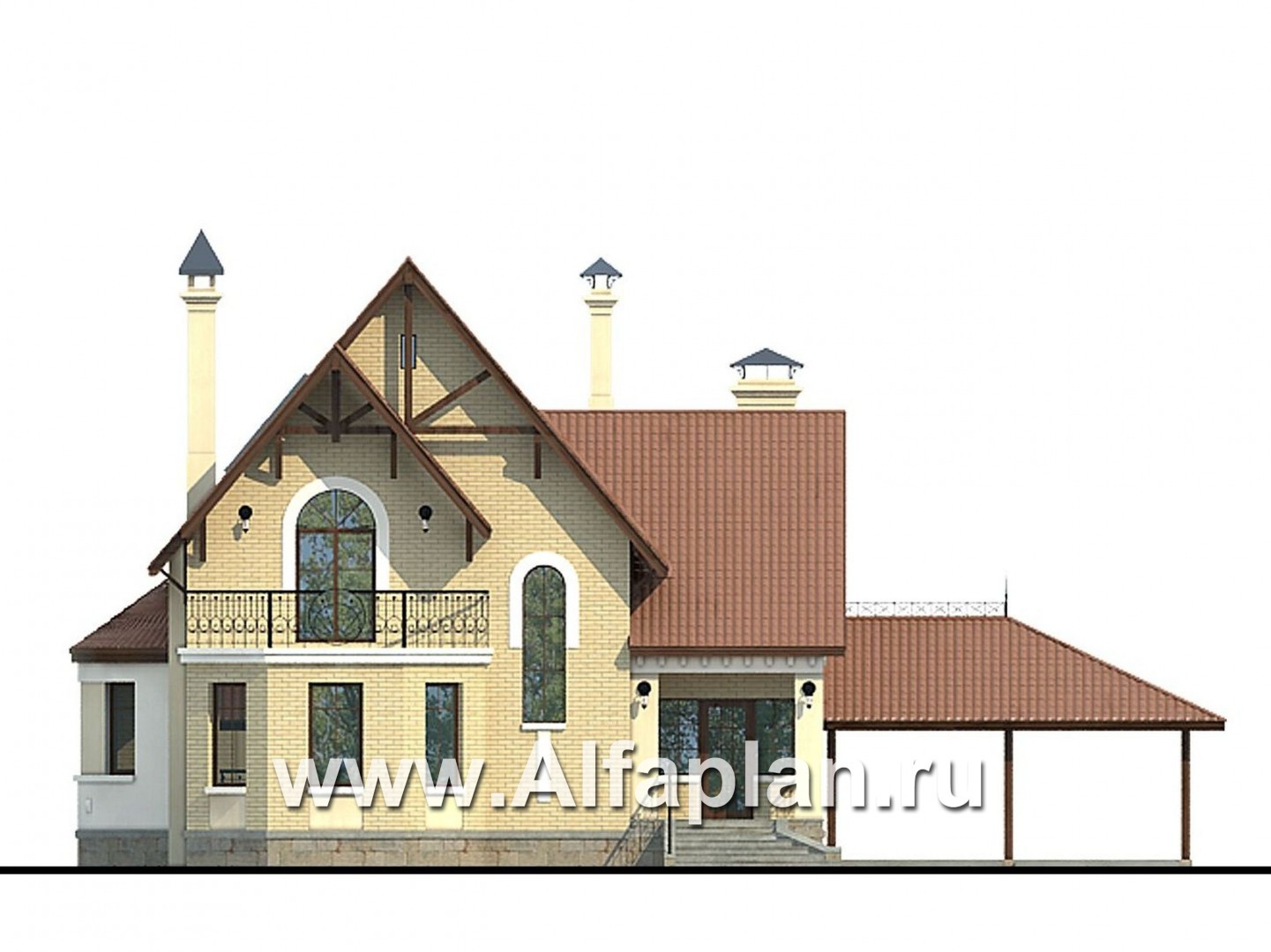 Проекты домов Альфаплан - «Золотая середина» - проект коттеджа с жилой мансардой и навесом для машин - изображение фасада №1