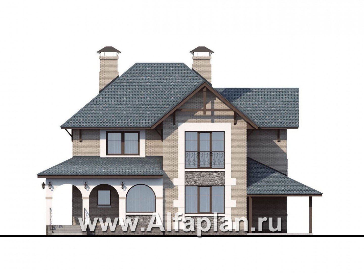 Проекты домов Альфаплан - «Реноме»- коттедж с навесом для авто и  террасой - изображение фасада №1