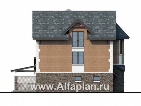 Проект двухэтажного дома с мансардой, с террасой, с гаражом и сауной, цокольный этаж на уровне земли - превью фасада дома