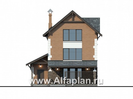 Проект двухэтажного дома с мансардой, с террасой, с гаражом и сауной, цокольный этаж на уровне земли - превью фасада дома