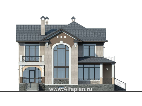 Проекты домов Альфаплан - «Голицын» - коттедж с двусветной гостиной и цоколем - превью фасада №1