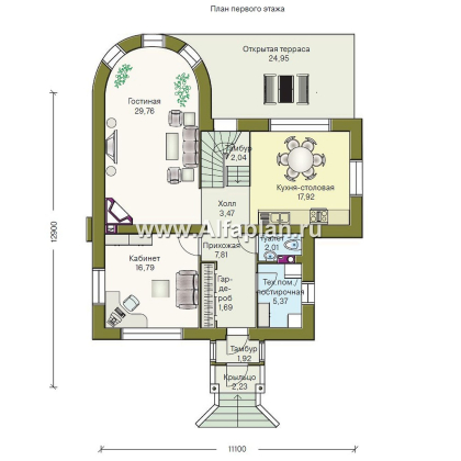 «Алегро» - проект загородного дома с мансардой, планировка дома с эркером и с террасой - превью план дома
