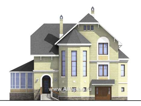 «Верона» - проект трехэтажного дома, с эркером и с верандой, с гаражом - превью фасада дома