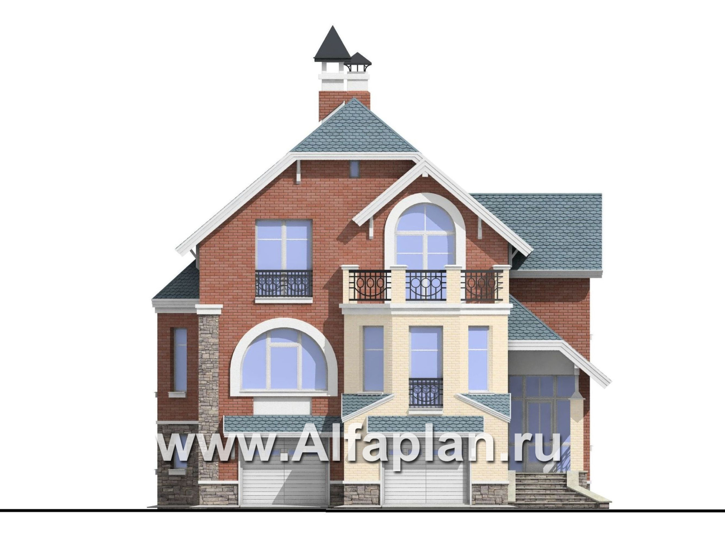 Проекты домов Альфаплан - «Корвет» - проект трехэтажного дома, с гаражом на 2 авто в цоколе, с эркером - изображение фасада №1