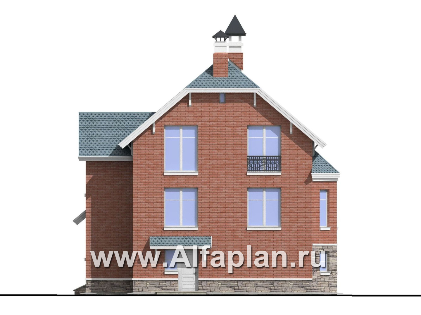 Проекты домов Альфаплан - «Корвет» - проект трехэтажного дома, с гаражом на 2 авто в цоколе, с эркером - изображение фасада №4
