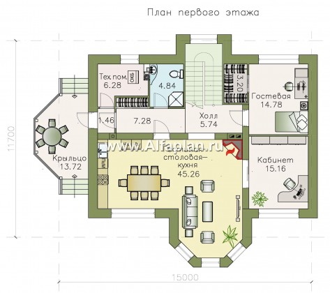 «Ясная поляна» - проект двухэтажного дома, планировка со спальней и кабинетом на 1 эт, с эркером - превью план дома