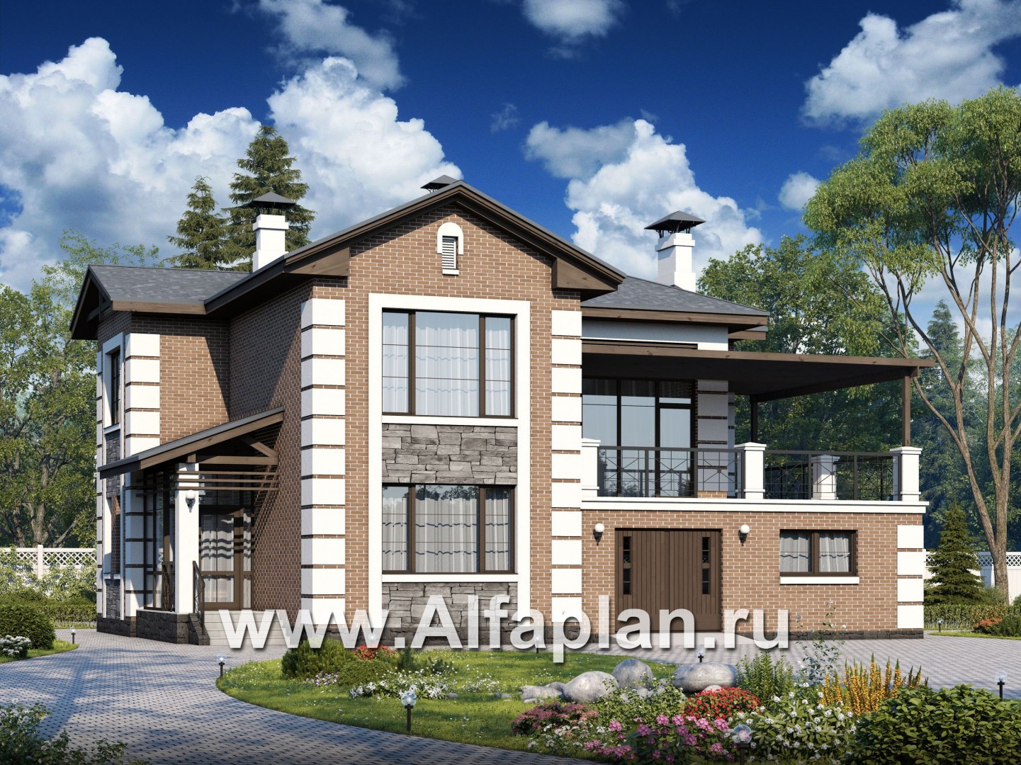 Проекты домов Альфаплан - «Вяземский» - комфортабельный коттедж с террасами для отдыха - основное изображение