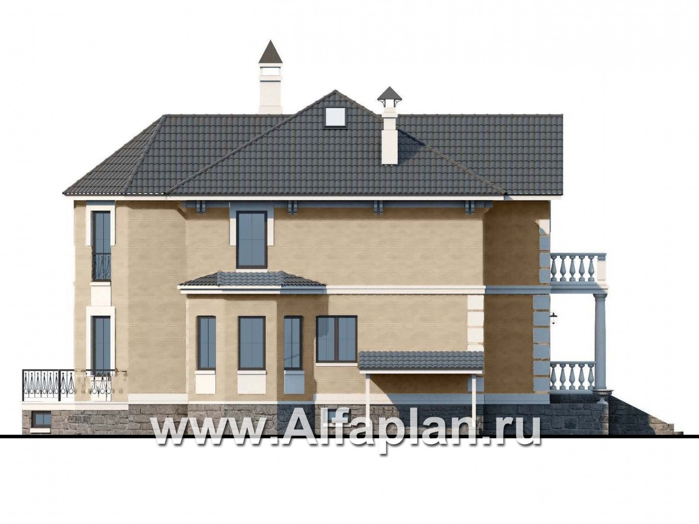 Проекты домов Альфаплан - «Головин плюс» - аристократический коттедж с бассейном в цоколе - изображение фасада №3
