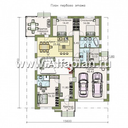 Проекты домов Альфаплан - «Санта-Моника» — одноэтажный коттедж с большим гаражом и террасой - превью плана проекта №1