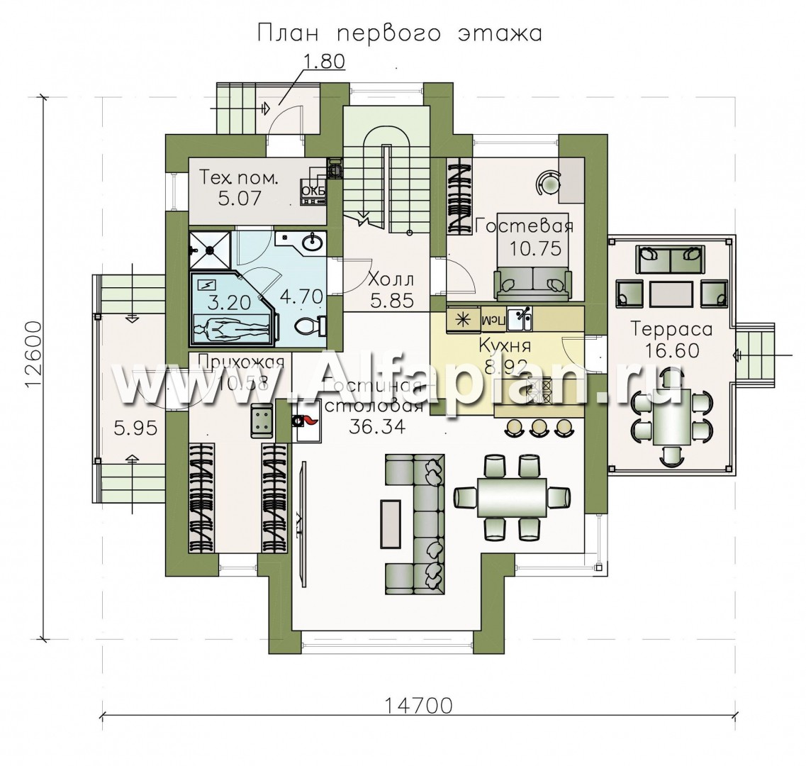 Проекты домов Альфаплан - «Капелла» - современный дом с мансардой из блоков - план проекта №1