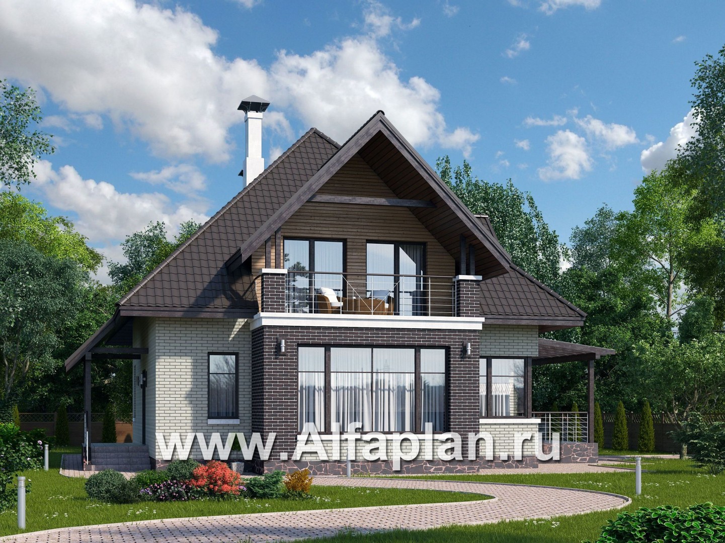 Проекты домов Альфаплан - «Капелла» - современный дом с мансардой из блоков - основное изображение