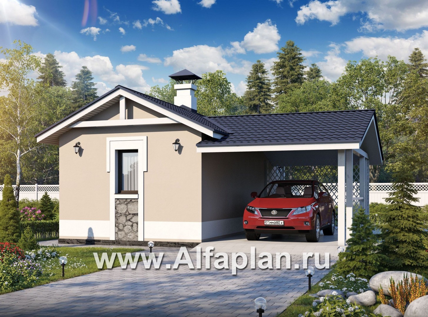 Проекты домов Альфаплан - Блок SPA с навесом для машины для небольшой усадьбы - основное изображение