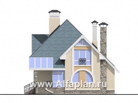 «Уютная гавань» - проект дома с мансардой, из кирпича, планировка с террасой - превью фасада дома