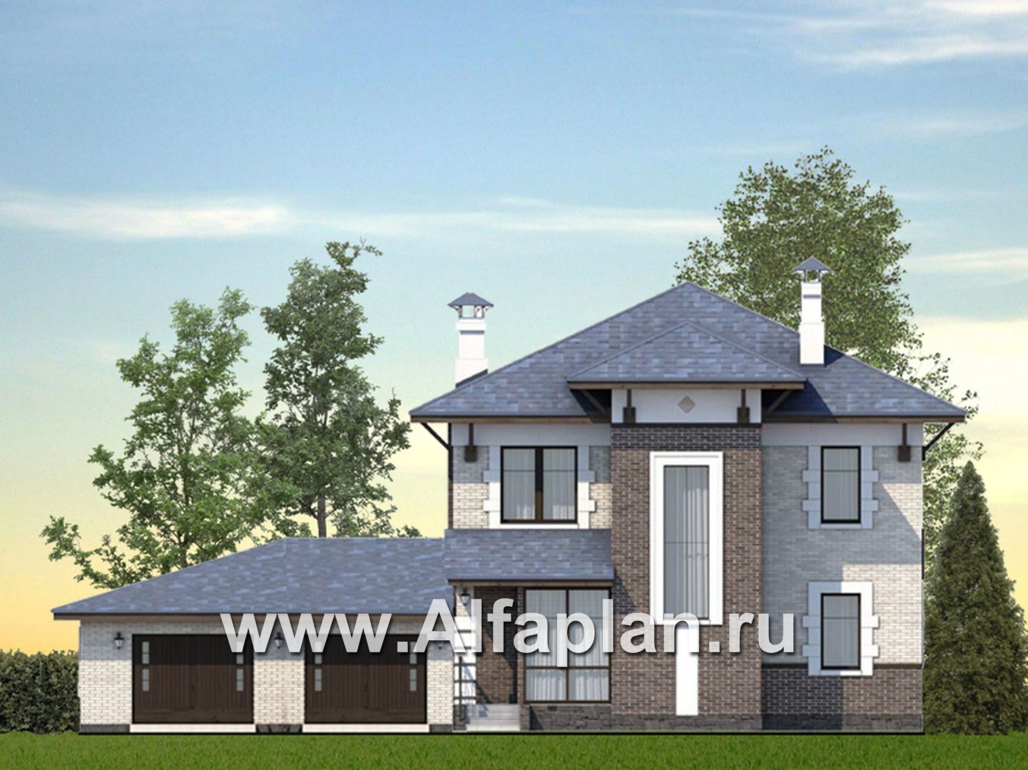 Проекты домов Альфаплан - «Виконт»- двухэтажный дом с большим гаражом и отличной планировкой - основное изображение