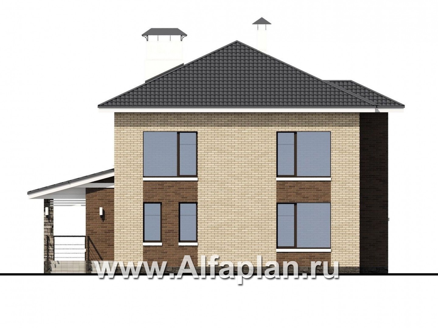 Проекты домов Альфаплан - «Роман с камнем» — двухэтажный коттедж с террасой при входе - изображение фасада №4