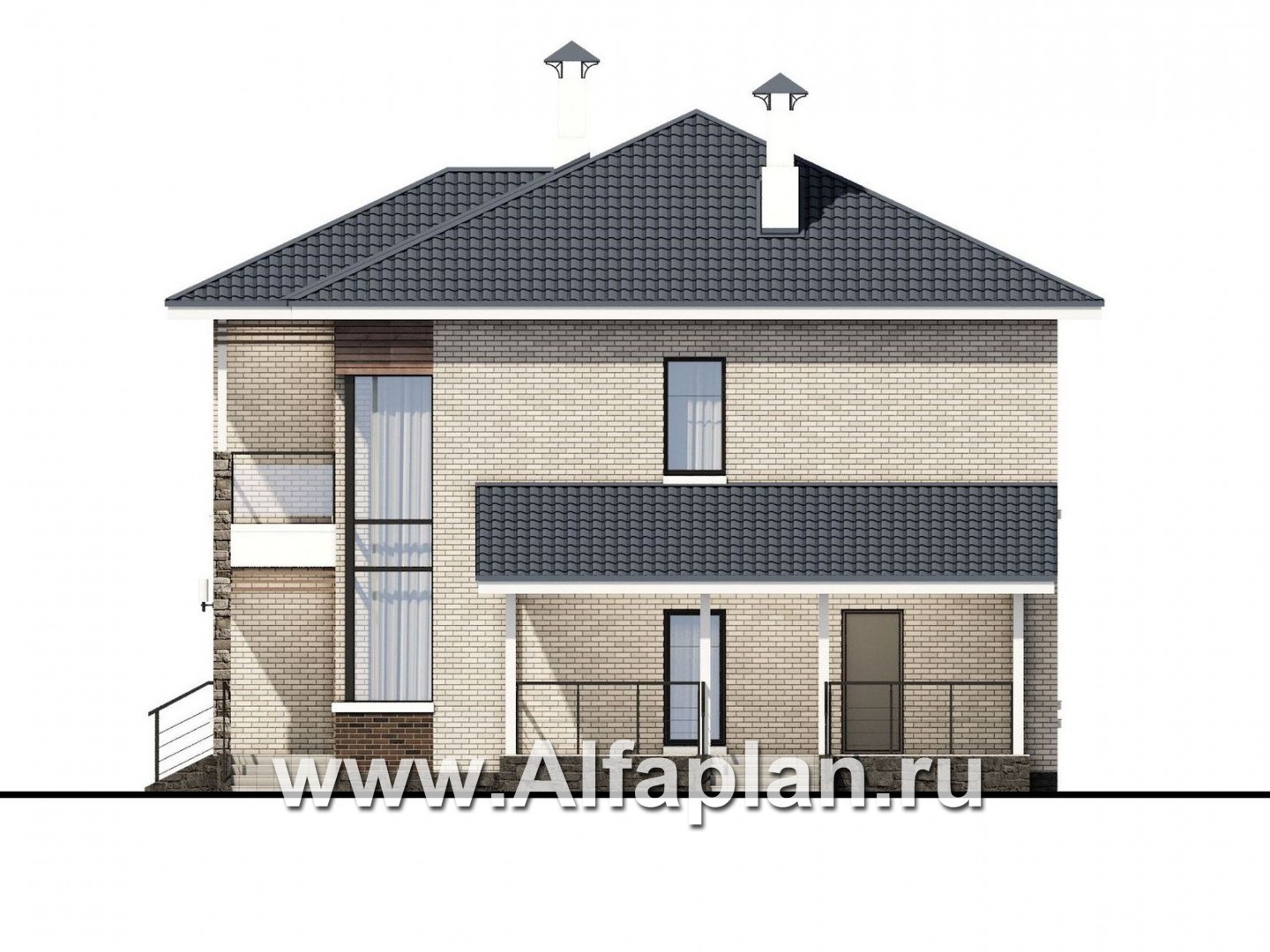 Проекты домов Альфаплан - «Роман с камнем» — двухэтажный коттедж со вторым светом - изображение фасада №2