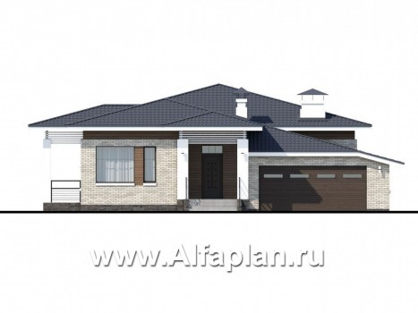 Проекты домов Альфаплан - «Днестр» - одноэтажный коттедж с большим гаражом и террасой - превью фасада №1
