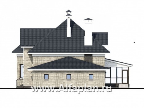 «Принцесса осени» - проект дома с мансардой, с эркером в кабинете, с террасой и с гаражом, в стиле замка - превью фасада дома