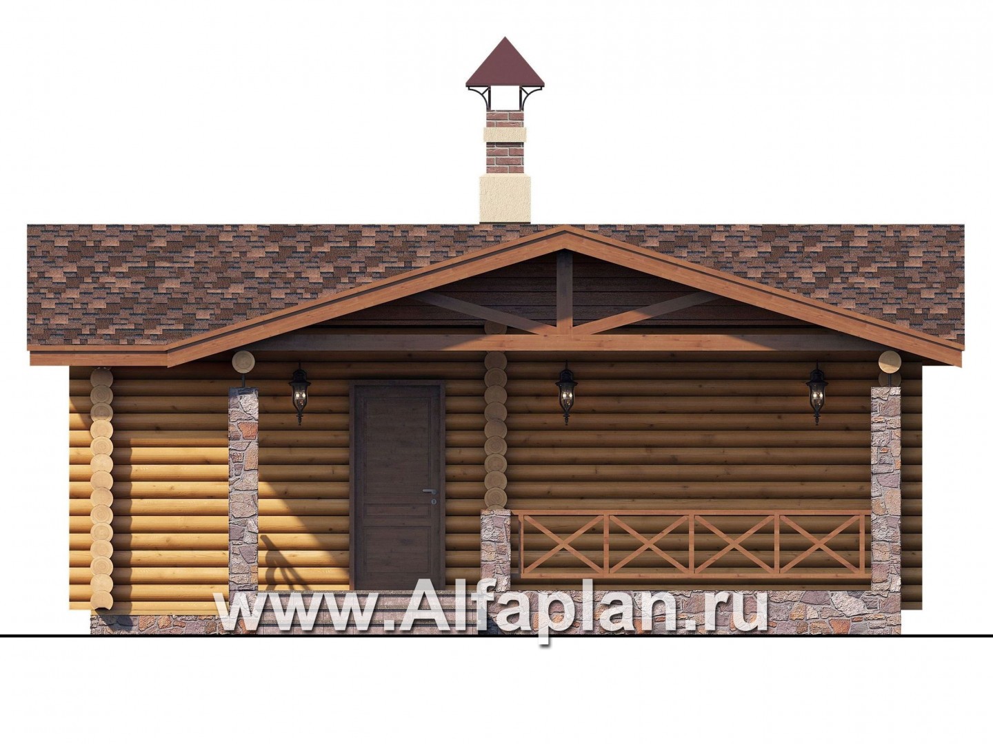 Проекты домов Альфаплан - Баня из бревен с большой крытой верандой - изображение фасада №1