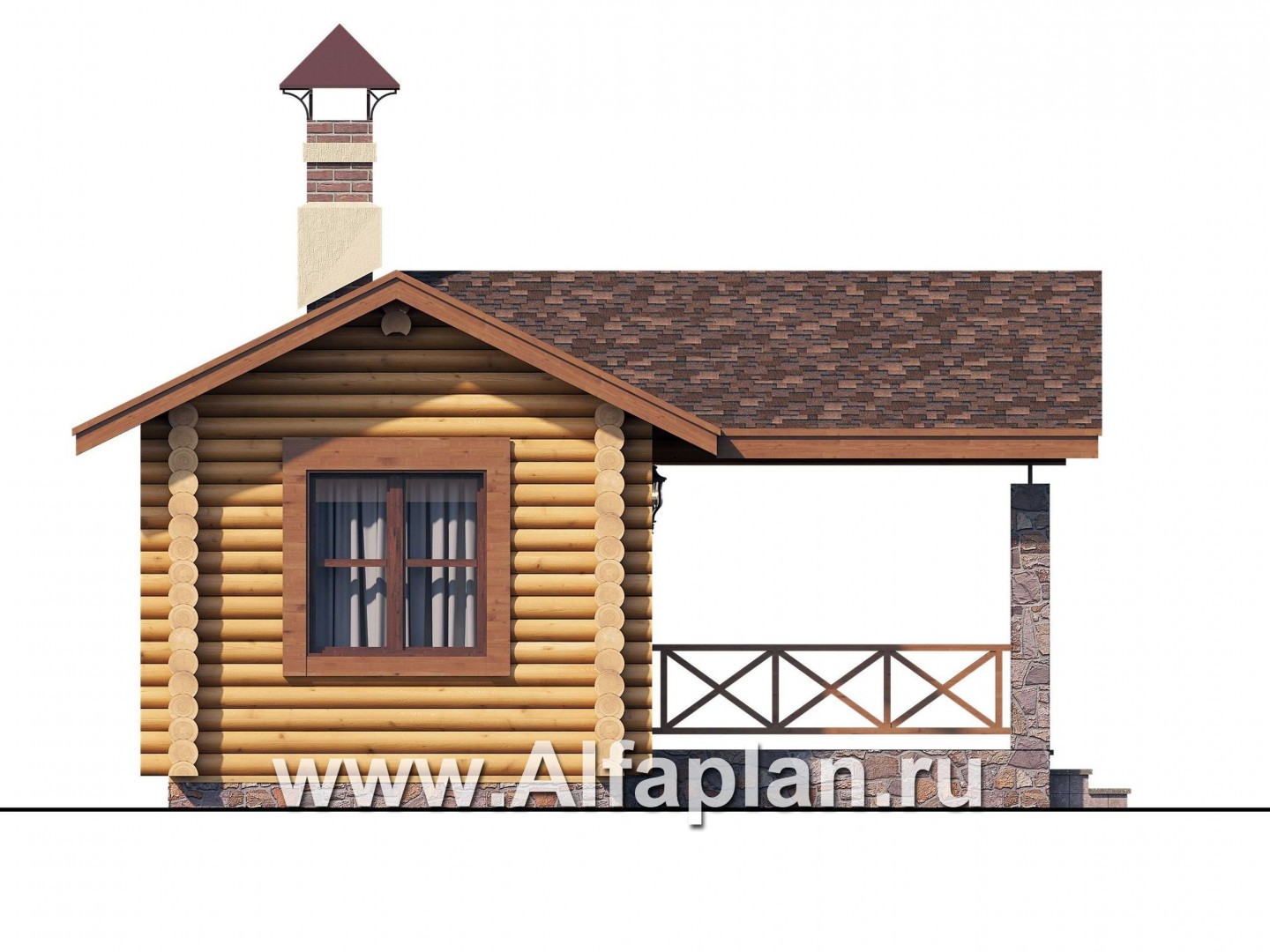 Проекты домов Альфаплан - Баня из бревен с большой крытой верандой - изображение фасада №3