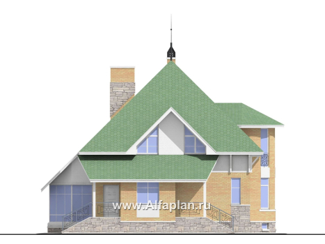«Петит» - проект дома с мансардой, планировка с полукруглым эркером и с террасой, с цокольным этажом - превью фасада дома