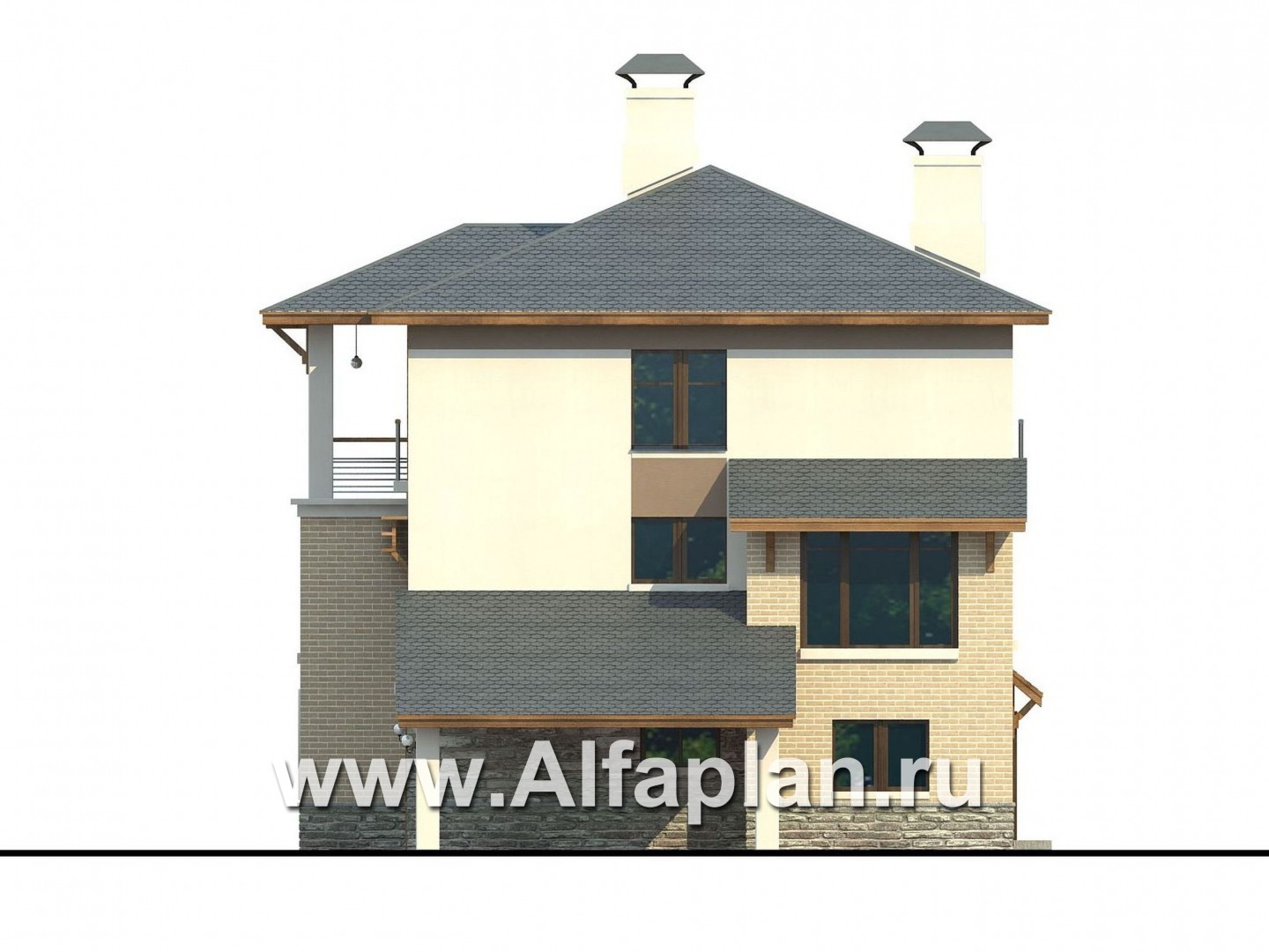 Проекты домов Альфаплан - Проект трехэтажного дома из газобетона «Аура», с гаражом в цоколе, с сауной и спортзалом, в современном стиле - изображение фасада №2