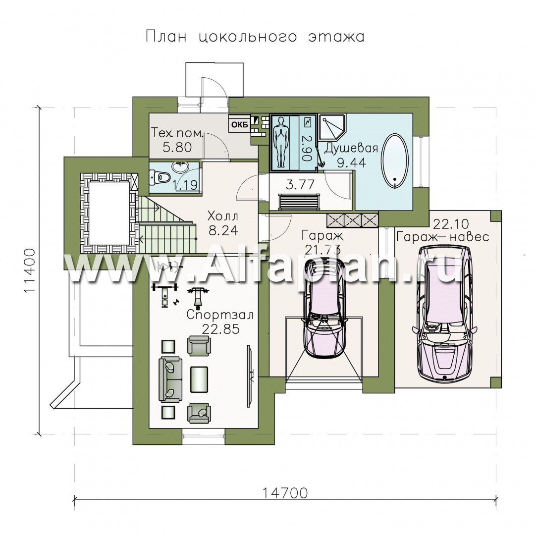 Проекты домов Альфаплан - Проект трехэтажного дома из газобетона «Аура», с гаражом в цоколе, с сауной и спортзалом, в современном стиле - план проекта №1