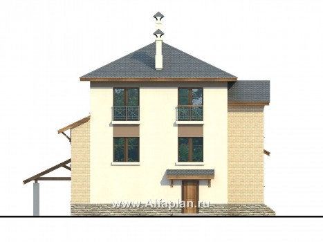 Проекты домов Альфаплан - Проект трехэтажного дома из газобетона «Аура», с гаражом в цоколе, с сауной и спортзалом, в современном стиле - превью фасада №4