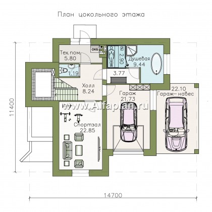 Проекты домов Альфаплан - Проект трехэтажного дома из газобетона «Аура», с гаражом в цоколе, с сауной и спортзалом, в современном стиле - превью плана проекта №1