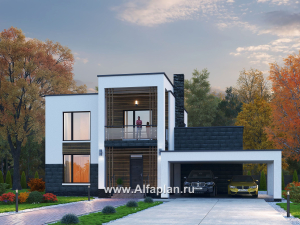«Футура» - современный двухэтажный дом, с террасой и с плоской крышей, навес на 2 авто, в стиле минимализм