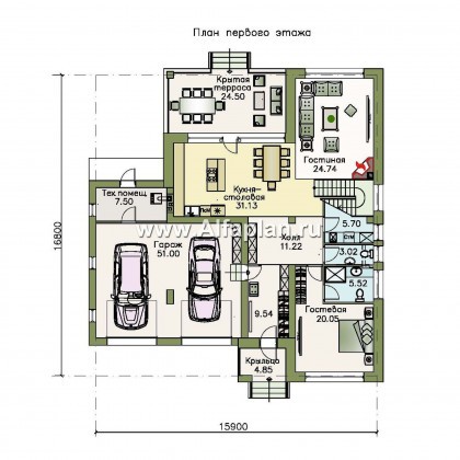 Проекты домов Альфаплан - «Родос» - стильный двухэтажный дома с гаражом на две машины - превью плана проекта №1
