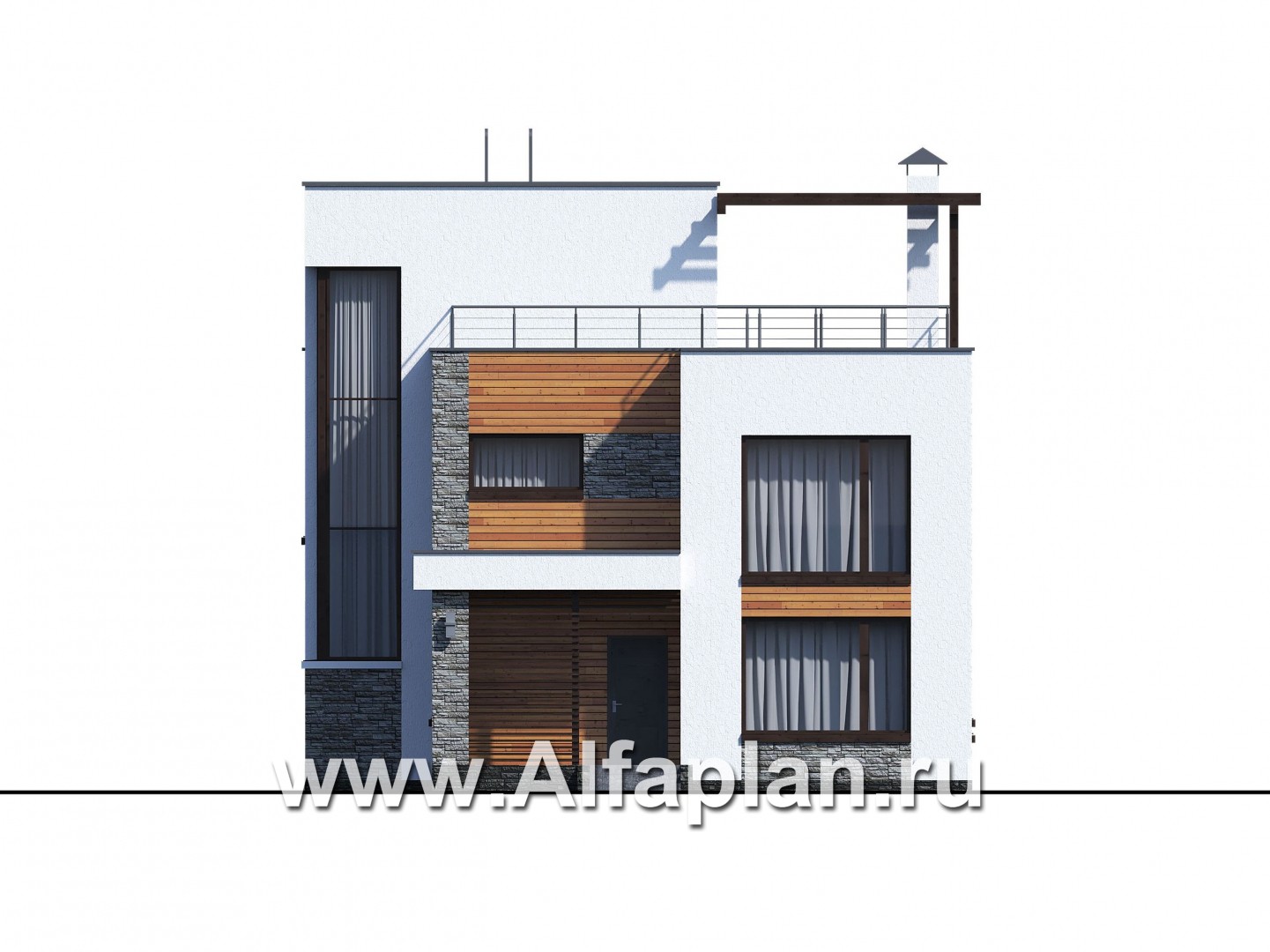 Проекты домов Альфаплан - «Золотой ключик» — современный дом с плоской эксплуатируемой кровлей - изображение фасада №1