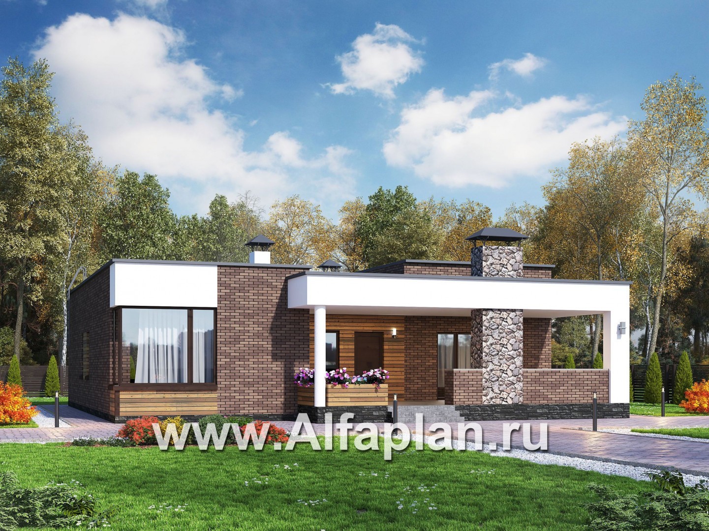 Проекты домов Альфаплан - «Фортис» - одноэтажный дом с плоской кровлей, и грилем на террасе - основное изображение