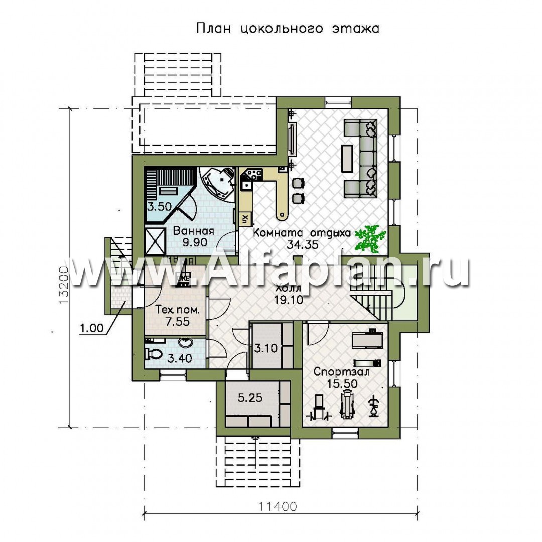 Проекты домов Альфаплан - «Престиж» - проект удобного и просторного дома с плоской кровлей, и с цокольным этажом - план проекта №1