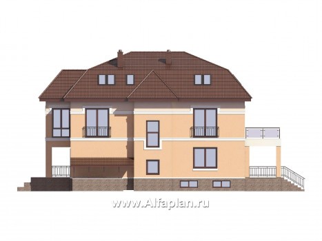 Проект двухэтажного дома с мансардой, планировка с гостевой и спальней на 1 эт, с террасой и с цокольным этажом - превью фасада дома