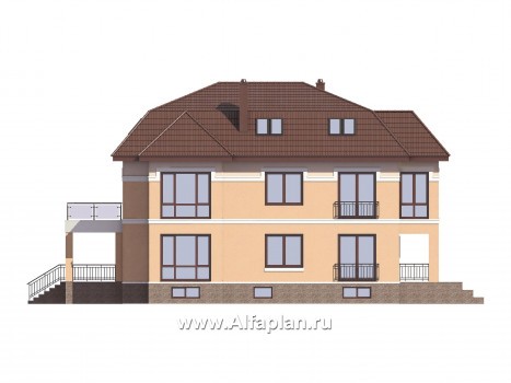 Проект двухэтажного дома с мансардой, планировка с гостевой и спальней на 1 эт, с террасой и с цокольным этажом - превью фасада дома