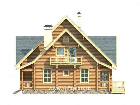Проект деревянного дома с мансардой, из бревен, с гостевой комнатой и террасой - превью фасада дома