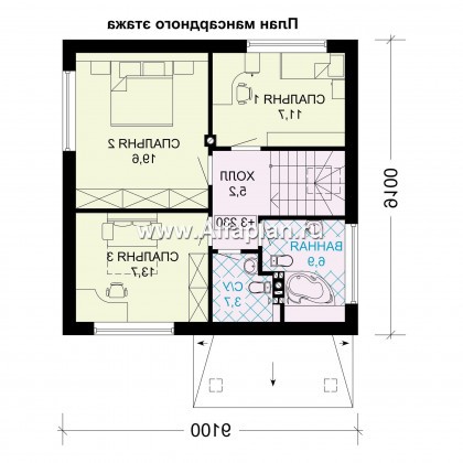 Проект дома с мансардой, 3 спальни, открытая планировка, гостевая комната на 1 эт - превью план дома