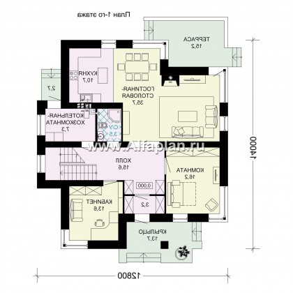Проект двухэтажного дома, планировка с кабинетом и  спальней на 1 эт, с террасой, в современном стиле - превью план дома