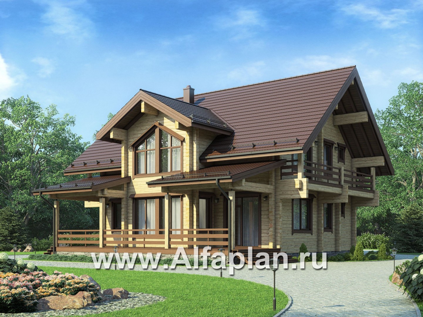 Проекты домов Альфаплан - Проект деревянного дома с гостевым блоком - основное изображение