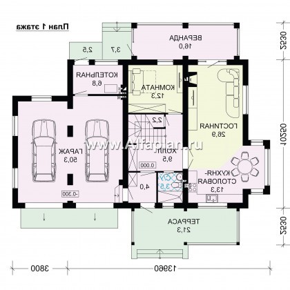 Проект двухэтажного дома, с кабинетом на 1 эт и с террасой, гараж на 2 авто - превью план дома
